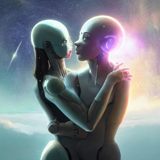 Image similar to digital painting of two humanoid robots hugging each other, supernova in the background, cosmic and stars and planets and galaxy, stunning, surreal, cinematic lighting, concept art by greg rutkowski and simon stalenhag