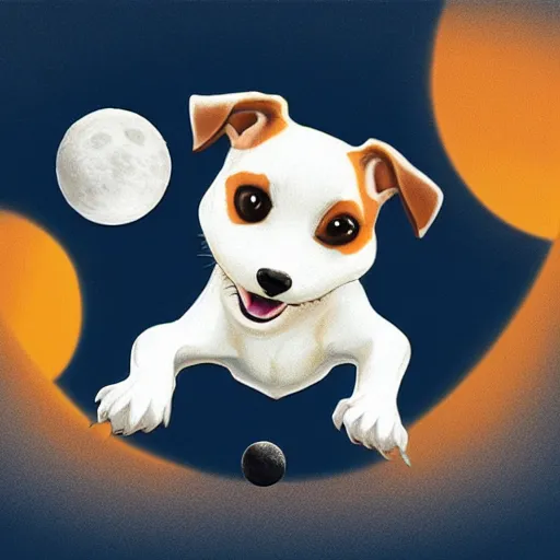 Prompt: cute jack black and white russel terrier jumping over a smiling moon, large round eyes, concept art, game art, character sheet, character design, by cory loftis and bill schwab