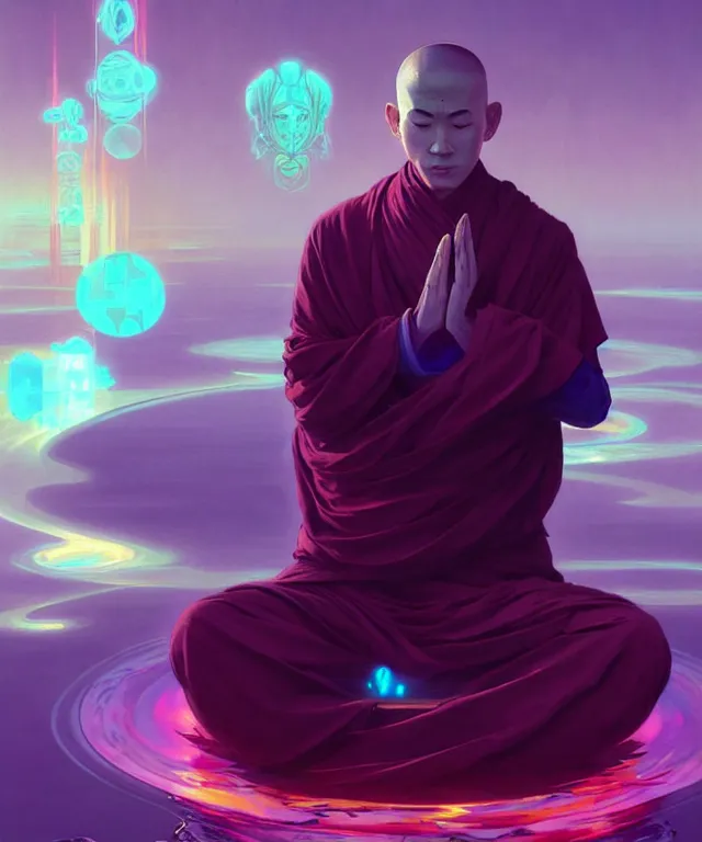 Image similar to a floating monk, meditating, wearing netrunner clothing, vaporwave aesthetic, colorful, psychedelic, digital painting, artstation, concept art, smooth, sharp focus, illustration, art by artgerm and greg rutkowski and alphonse mucha