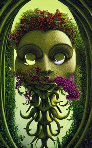 Prompt: The Hanging-Gardens of Pareidolia, lobelia, ivy, verbena and pothos growing facial features and optical-illusions, aesthetic!!!!!!!!!!!!!!!!!!!!, by Chris Tulloch McCabe in the style of Gerald Brom,