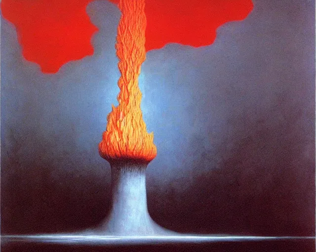 Image similar to fire painting by magritte and beksinski.