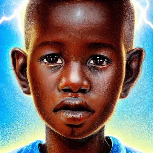 Prompt: upper half portrait of an african boy inside a group of clouds - surrounded by bolts of lightning with rays of light emanating from clouds - in drew struzan movie poster style, art by drew struzan, highly detailed, digital painting, ray tracing, illustration, smooth, sharp focus, intricate, symmetry, artstation,