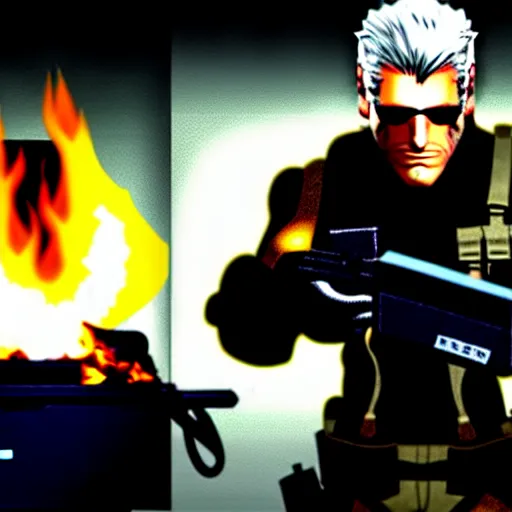 Image similar to drebin metal gear solid trying to build a desktop computer on fire, close up