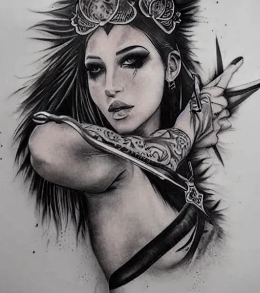 Image similar to tattoo design on white background of a beautiful girl warrior, hyper realistic, realism tattoo, inspired by eliot kohek