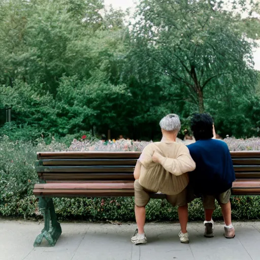 Prompt: a couple sitting on a park bench, 35mm