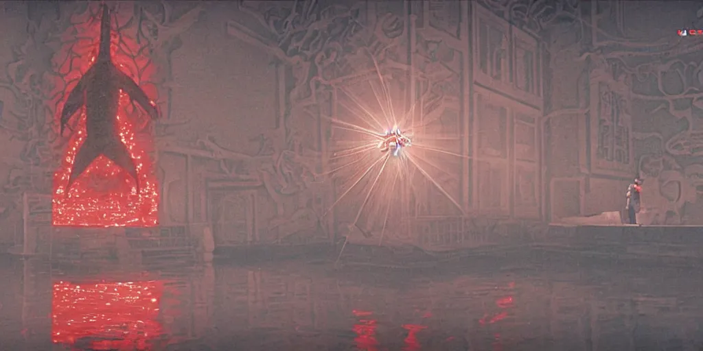 Image similar to light coming out of one starfish - like kaiju anthropomorphic monster, korean film noir, korean traditional palace, kim jong - il standing, pyongyang city, 1 9 6 0 s, red color bleed, 4 k, video compression, video glitch, monochrome, akira kurosawa, mamoru oshii, wes anderson, stanley kubrick