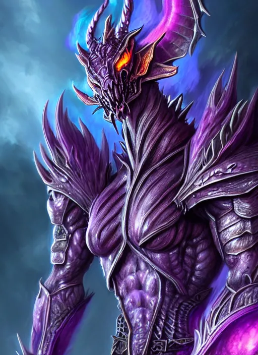 Image similar to muscular and tall purple ghostly fire humanoid dragon!!!! draconian!! intricate ornate iridescent heavy armor!! character concept art, sharp focus, octane render! unreal engine 5! highly rendered!! trending on artstation!! detailed linework!! illustration by artgerm, wlop, and chie yoshii