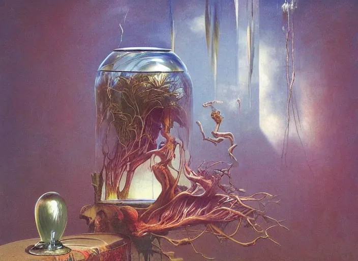 Image similar to dreamscape in a jar, gorgeous lighting, highly detailed, by zdzisław beksinski and francis bacon, art by dave mckean and rowena morrill and jeanbaptiste monge, computer aesthetic, vaporwave