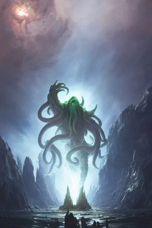 Image similar to cthulhu in space, looking at earth, larger than earth, huge, towering, gigantic, high octane, 8 k, digital art, magic the gathering, mtg, by greg rutkowski, trending on artstation