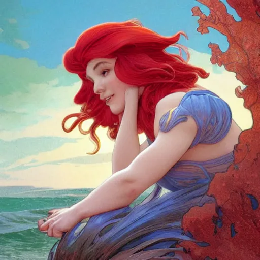 Image similar to Ariel in The Little Mermaid, highly detailed, digital painting, artstation, concept art, smooth, sharp focus, illustration, ArtStation, art by artgerm and greg rutkowski and alphonse mucha and J. C. Leyendecker and Edmund Blair Leighton and Katsuhiro Otomo and Geof Darrow and Phil hale and Ashley wood and Ilya repin and Charlie Bowater