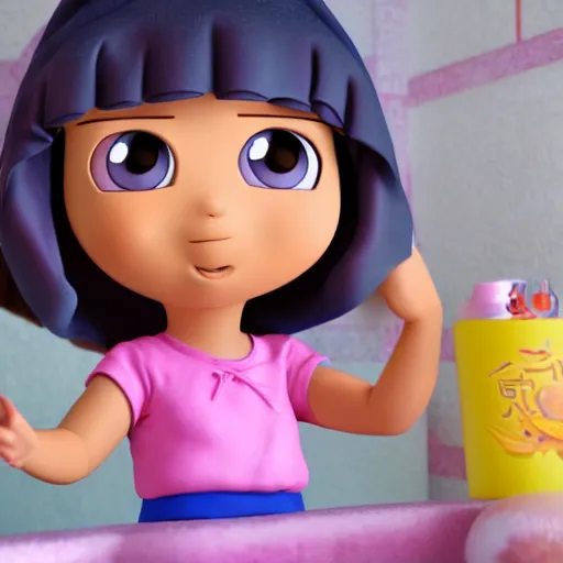 Prompt: dora the explorer as a real girl in japanese bath house with towel on her head, masterpiece 4k, highly detailed, trending on artstation, award winning,