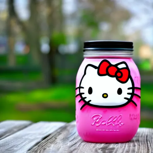 Image similar to hello kitty in a mason jar, 4 k, hyper realistic, dslr, high resolution, landscape, beautiful