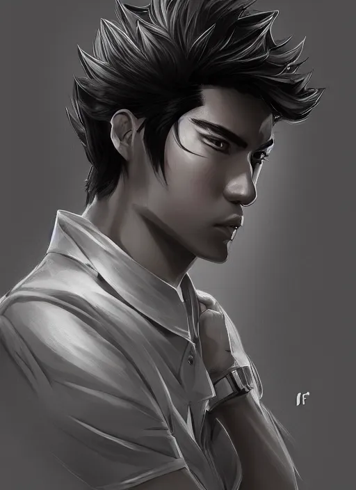 Prompt: a highly detailed illustration of fierce short black haired young half white half asian man wearing polo shirt, dramatic thinking pose, intricate, elegant, highly detailed, centered, digital painting, artstation, concept art, smooth, sharp focus, league of legends concept art, WLOP