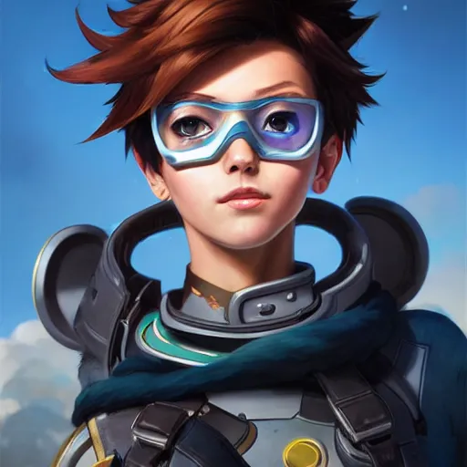 Image similar to highly detailed extreme closeup portrait of tracer from overwatch, in disney, stephen bliss, unreal engine, art by greg rutkowski, loish, rhads, ferdinand knab, makoto shinkai and lois van baarle, ilya kuvshinov, rossdraws, tom bagshaw, global illumination, radiant light, detailed and intricate environment