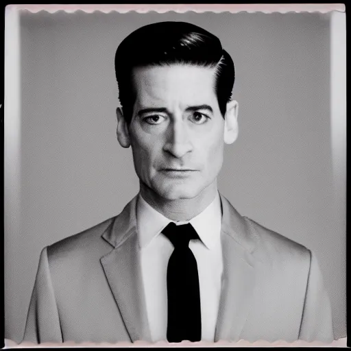 Image similar to agent dale cooper from twin peaks by terry richardson, polaroid photo, white background, direct flash, 4 k,