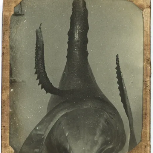 Prompt: tintype photo of underwater giant squid wrapped around a whale