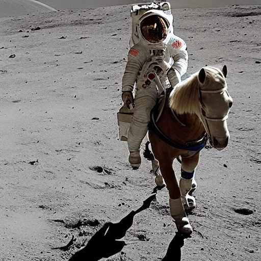 Image similar to an astronaut riding a horse with a unicorn on the moon, nasa image