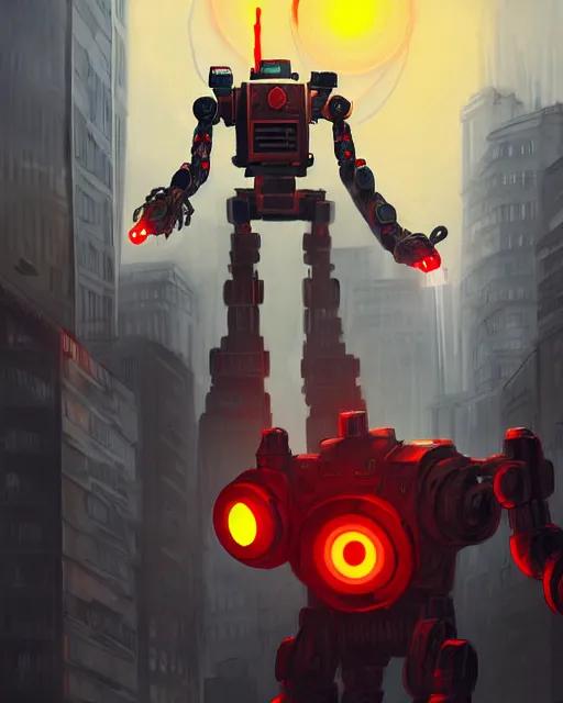 Prompt: giant robot with ominously glowing red eyes stands on top of city that is on fire, concept art, intricate details, highly detailed, in the style of pascal blanche