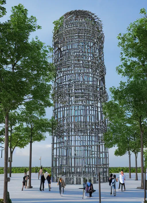 Image similar to highly detailed realistic architecture 3 d render of a stele shukhov tower standing in a city park, archdaily, made in unreal engine 4 octane render