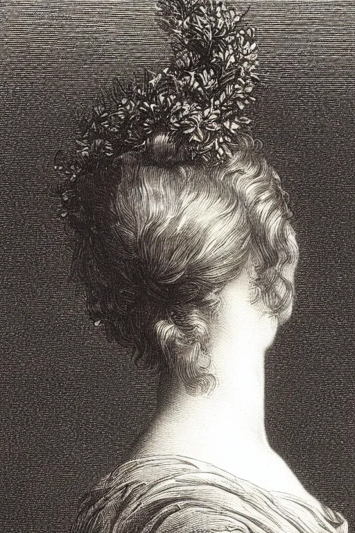 Image similar to extreme close-up, portrait of a beautiful french woman from behind with a wreath, Gustave Dore lithography