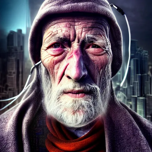 Prompt: an very old wizard is is a cyborg, half his face is technology, cyberpunk, exobiology, hyper realistic, hyper detailed, realistic picture, epic game, high angle shot, Long shot, 4k post-processing highly detailed, , 35mm, Kodachrome film, photograph