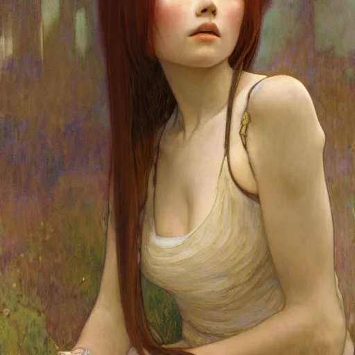 Image similar to A young woman with orange long hair and bangs in shorts and white shirt drawn by Donato Giancola and Makoto Shinkai, frank frazetta, Alphonse Mucha, background by James Jean and Gustav Klimt, 4k, porcelain skin, volumetric lighting, french nouveau, trending on artstation, octane render, hyperrealistic