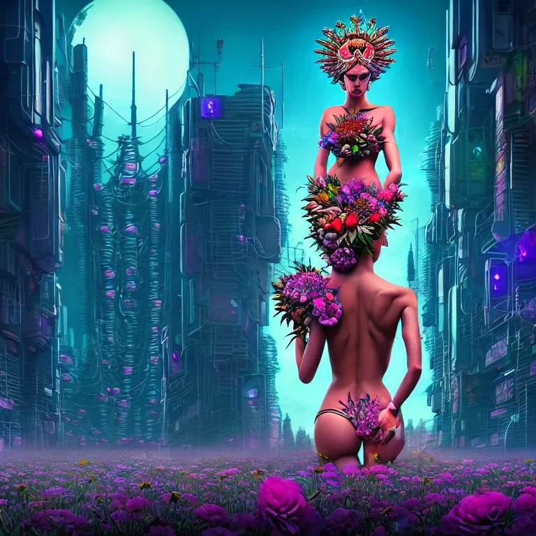 Prompt: Beautiful 3d render of the flower queen goddess in a sensual pose, in the style of Dan Mumford, with a crowded futuristic cyberpunk city in the background, astrophotgraphy