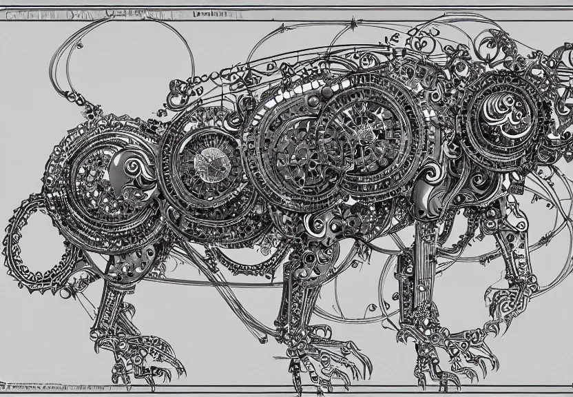 Image similar to schematic blueprint of highly detailed ornate filigreed convoluted ornamented elaborate cybernetic rat, art by da vinci