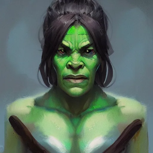 Image similar to character portrait of a green orc female, light green tone beautiful face by greg rutkowski, trending on artstation