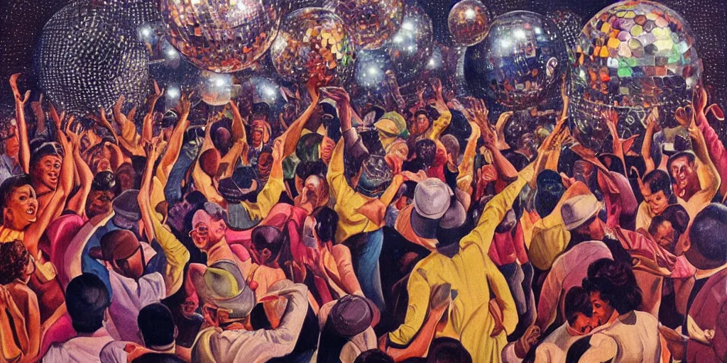 Prompt: a crowd of people dancing underneath a disco ball, painting by ernie barnes, super - detailed, a lot of tiny details, fullshot