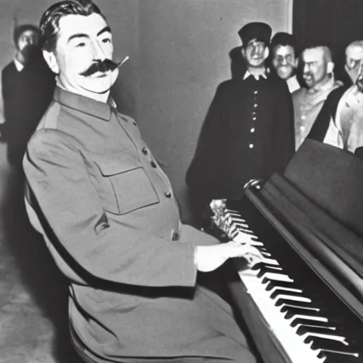 Prompt: a picture of Joseph Stalin playing the piano in front of a great audience