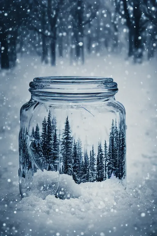 Prompt: close up of a glass jar with a bright summer forest inside, burried in snow at night, bokeh, intricate detail, highly detailed, hyperrealistic, dramatic lighting, cgsociety, sense of awe, mystical, 8 k, beautiful digital art