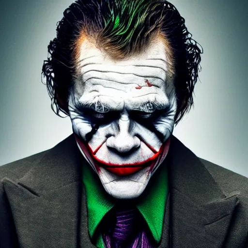 Prompt: willem dafoe as the joker, movie poster, superrealism, quality, post - production, image depth, focus, fine details, skin pores, makeup, gloomy, mysterious, hazy, 8 k