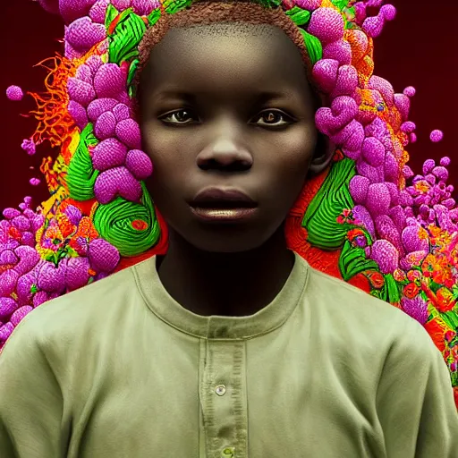 Prompt: colourful vfx art - portrait of nigerian boy wrapped in flowers & vines, art by zdzisaw beksinski & james jean, volumetric light, ray tracing, sharp, detailed, digital painting, illustration, highly detailed, intricate detail, unreal engine, octane render, global light, pinterest, behance, art station,