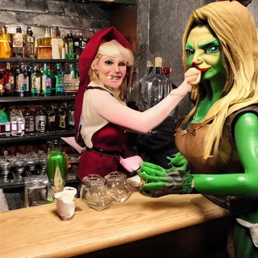Image similar to A female elf bartender serving a drink to a tired orc office worker.
