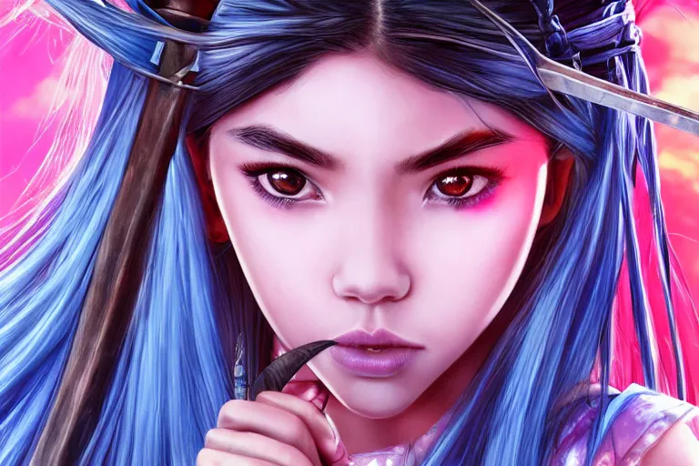 Image similar to highly detailed beautiful photo of madison beer as a young female samurai, swinging her sword, symmetrical face, beautiful eyes, cobalt blue hair, realistic anime art style, 8 k, award winning photo, pastels colours, action photography, 1 / 1 2 5 shutter speed, sunrise lighting