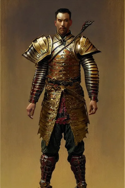 Image similar to attractive male with armor, ming dynasty, character design, painting by gaston bussiere, craig mullins, j. c. leyendecker, tom of finland