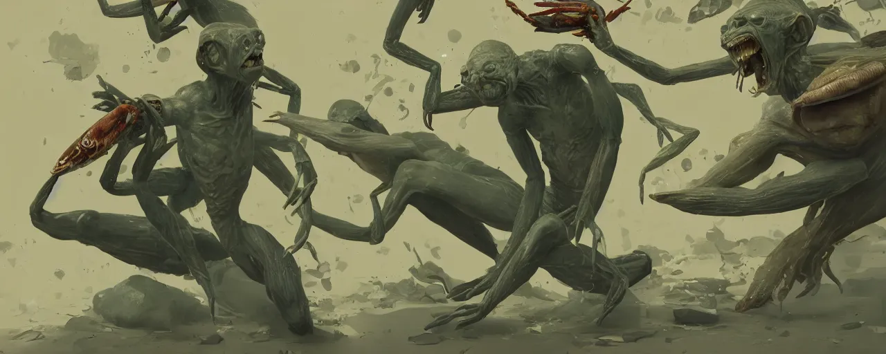 Image similar to duotone olive green grey illustration 3 / 4 portrait of gollum kun fu fighting with giant crustaceans dynamic chaotic composition accidental renaissance golden ratio. by sachin teng and sergey kolesov and ruan jia and heng z. graffiti art, scifi, fantasy, hyper detailed. octane render. concept art. trending on artstation