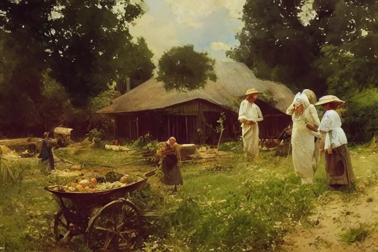 Prompt: simple amish farmers tending to their cottage vegetable gardens, art by anders zorn, wonderful masterpiece by greg rutkowski, beautiful cinematic light, american romanticism thomas lawrence, greg rutkowski