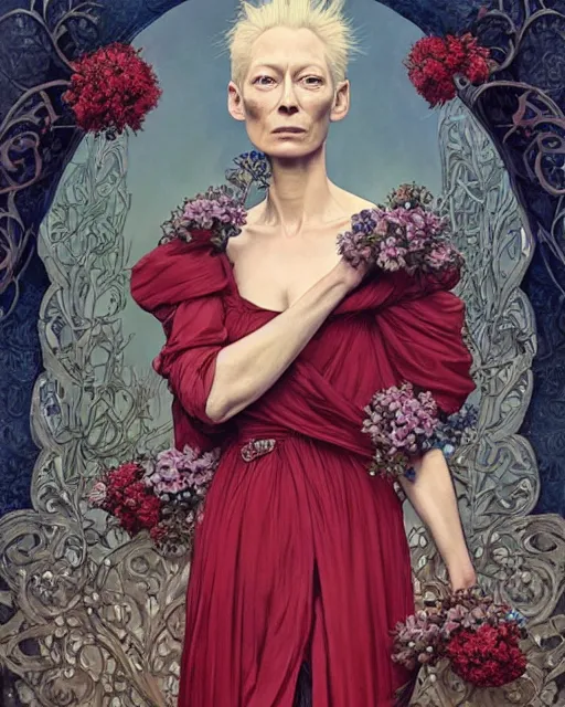 Prompt: ultra realistic illustration, tilda swinton with flowers blossoming from her red hair, in a gothic blue dress, elegant, highly detailed, digital painting, concept art, smooth, sharp focus, full character, illustration, art by artgerm and greg rutkowski and alphonse mucha