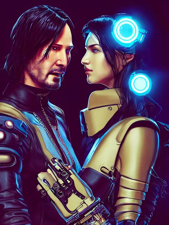 Image similar to a cyberpunk 2077 couple portrait of Keanu Reeves&female android in kiss,love,film lighting,by Laurie Greasley,Lawrence Alma-Tadema,Dan Mumford,artstation,deviantart,FAN ART,full of color,Digital painting,face enhance,highly detailed,8K,octane,golden ratio,cinematic lighting