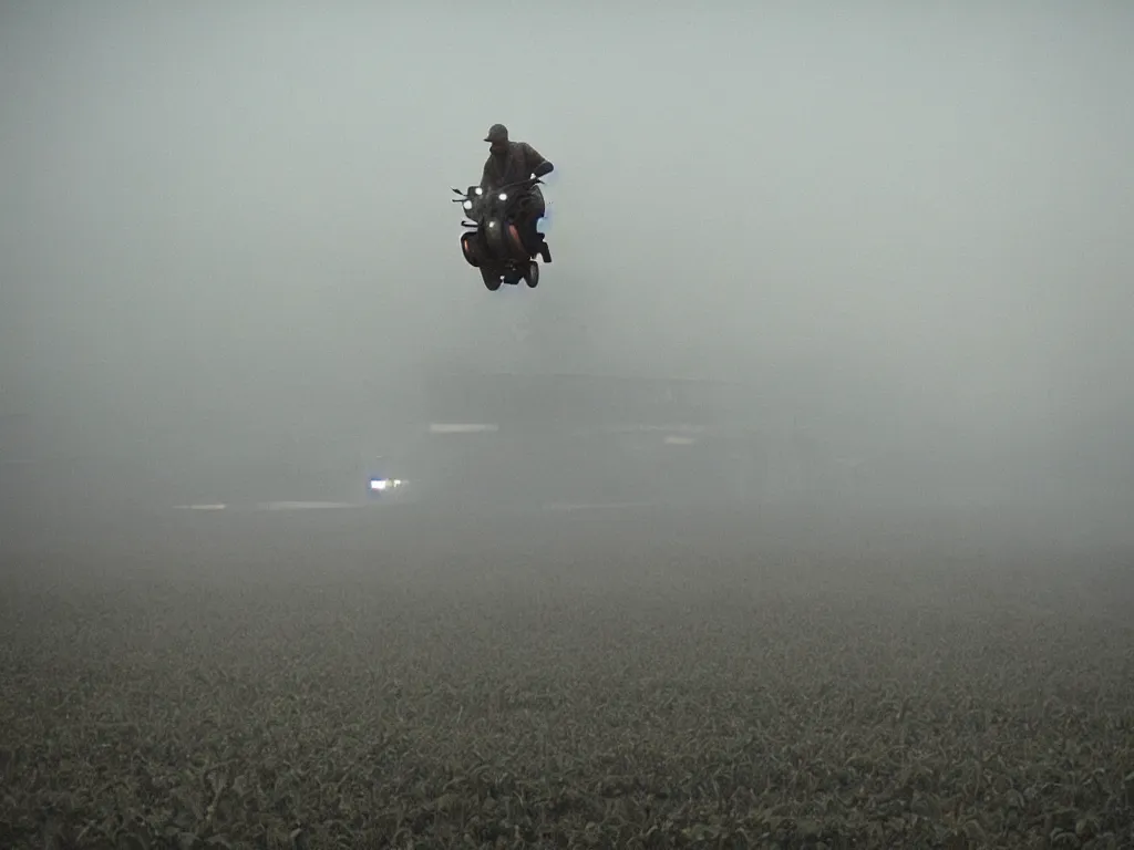 Image similar to farmer riding his flying machine to harvest crops at a vertical farm in blade runner 2 0 7 2, cinestill, denis villeneuve, atmospheric, morning light, foggy, distant, futuristic, muddy and dirty, ultra - hd, ultra - realistic