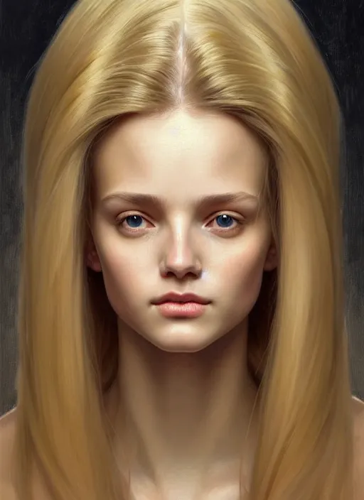 Image similar to symmetrical face!! portrait of young woman blessed with ever - increasing physical and mental perfection, realism, blonde hair, perfect face!! intricate, elegant, highly detailed, vision of holy perfection!! digital painting, artstation, concept art, smooth, sharp focus, illustration, humanity, art by artgerm and greg rutkowski and alphonse mucha