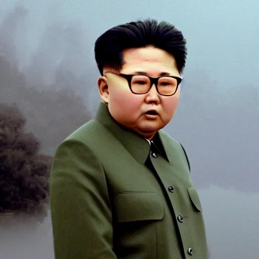 Image similar to Kim Jong-il looking into the fog, filmstill