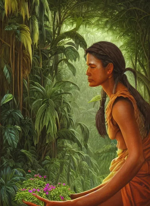 Image similar to a close up portrait of a beautiful indigenous preparing plants medicines in the jungle, highly detailed, art by christophe vacher