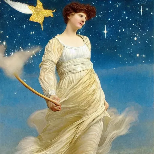 Prompt: the photograph features a woman with wings made of stars, surrounded by a blue and white night sky. the woman is holding a staff in one hand, and a star in the other. she is wearing a billowing white dress, and her hair is blowing in the wind. cool yellow by lawrence alma - tadema, by martine johanna mournful, cgi