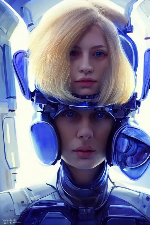 Image similar to portrait futuristic beautiful northern europe Airforce armored pilot Girl, blonde hair, blue eyes, at inside of future fighter aircraft, ssci-fi, fantasy, intricate, very very beautiful, elegant, human anatomy, neon light, highly detailed, digital painting, artstation, concept art, soft light, smooth, sharp focus, illustration, art by tian zi and WLOP and alphonse mucha