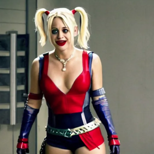 Image similar to A still of Kaley Cuoco as Harley Quinn