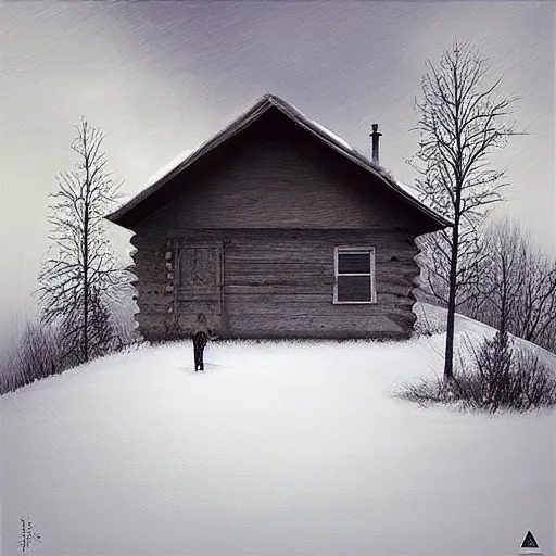Prompt: a cabin on a hill, smoke rising from the pipe, snowstorm, winter, by alex andreev