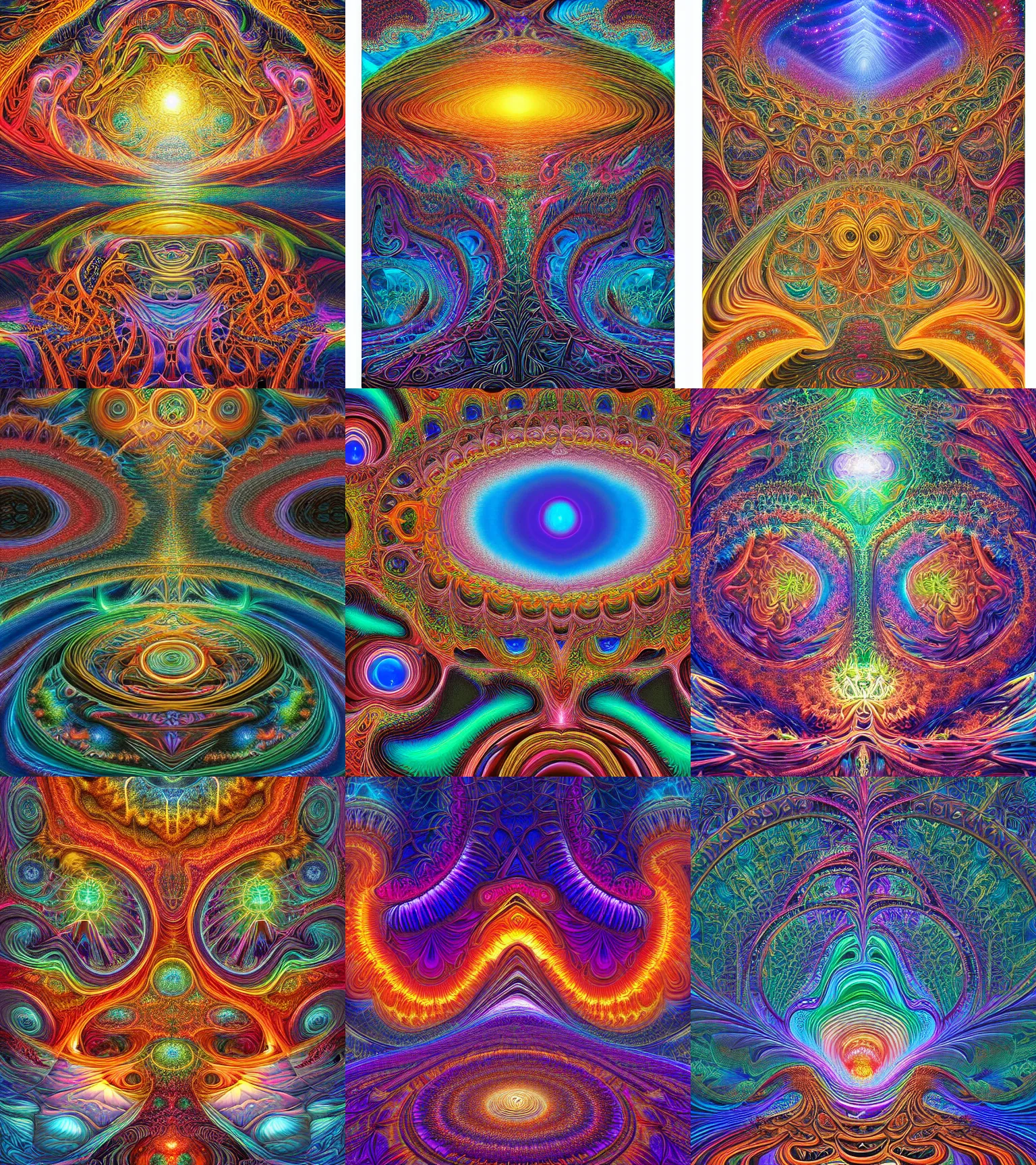 Prompt: a beautiful digital art of a intricate ornate cosmic fractal landscape by dan mumford and alex grey, hd vibrant, hyper detailed, 3 d, ue 5, ultra fine detailed